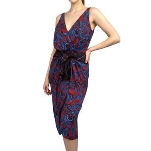 LAGENCE Red Blue Paisley Surplice Sleeveless Midi Dress